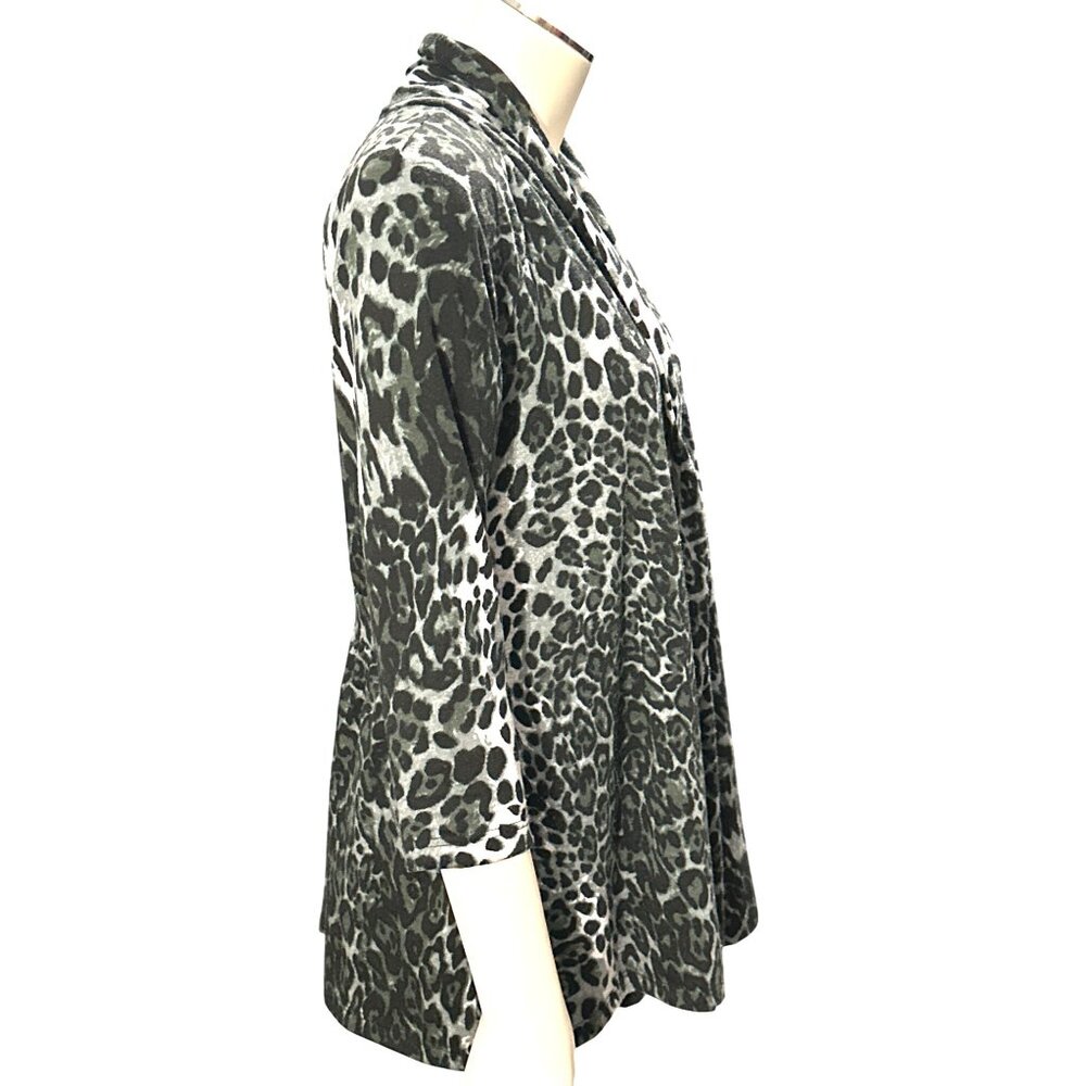 AB Studio Leopard Print Cardigan Black Gray Medium Lightweight Knit Open Front - Picture 5 of 9